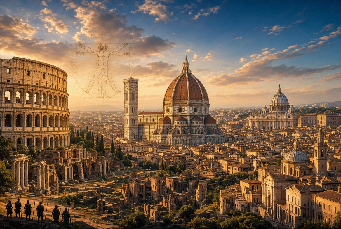 Scrittura Create a stunning, cinematic, historically inspired hero image for a premium Italian history blog article titled "The History of Italy: From Ancient Rome to Modern Italy." **Composition:** A breathtaking panoramic collage seamlessly blending the most iconic periods of Italian history. On the left, the majestic Colosseum and ancient Roman Forum under warm golden sunlight, with subtle Roman legionary silhouettes in the distance. In the center, the magnificent Florence Cathedral with Brunelleschi's dome, Renaissance architecture, and subtle references to Leonardo da Vinci's artistic genius. On the right, Rome's historic skyline featuring St. Peter's Basilica and elegant Italian architecture transitioning toward modern Italy. **Visual style:** Photorealistic, cinematic historical photography, ultra-detailed architecture, dramatic atmospheric lighting, rich warm gold and terracotta tones, deep Mediterranean blue skies, subtle shadows, sophisticated color grading, realistic stone textures, museum-quality visual storytelling. **Mood:** Timeless, majestic, intellectually captivating, elegant, historically authentic, inspiring a sense of wonder about Italy's extraordinary past. **Layout:** Wide panoramic composition, 16:9 aspect ratio, optimized for a WordPress featured image. Strong visual hierarchy, balanced composition, clear architectural details, atmospheric depth, and sufficient uncluttered space near the center for optional title placement. **Historical accuracy:** Respect the architectural characteristics of each historical period. Do not combine incompatible structures or costumes in misleading ways. No fantasy architecture, fictional historical figures, modern objects in ancient scenes, or inaccurate monuments. **Technical quality:** Ultra-high resolution, professional editorial photography aesthetic, sharp focal details, realistic lighting, premium magazine-cover quality, visually striking at both desktop and mobile sizes. **Restrictions:** No text, no lettering, no logos, no watermarks, no borders, no artificial-looking CGI, no cartoon style. **Purpose:** A visually compelling, authoritative, SEO-friendly cover image that communicates the extraordinary journey of Italian civilization from Ancient Rome through the Renaissance to modern Italy, suitable for the Italy Rewind website.